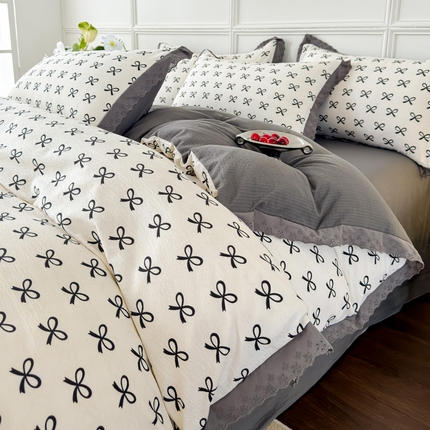 91家纺网 家纺一手货源 找家纺 （总）可思家纺 2024新款韩版花边木棉皱皱纱四件套系列