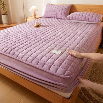 鑫钰 2024新款A类无印风牛奶绒大豆夹棉床笠-暖格 暖格-紫色