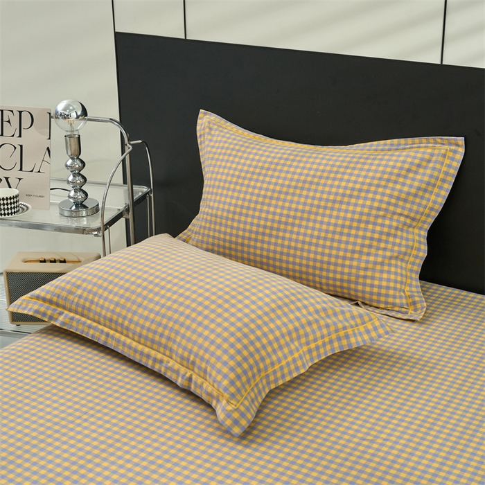 91家纺网 家纺一手货源 找家纺 三沁家居 2025新款格子色织全棉水洗棉四件套直播爆款量大价优 紫黄小格