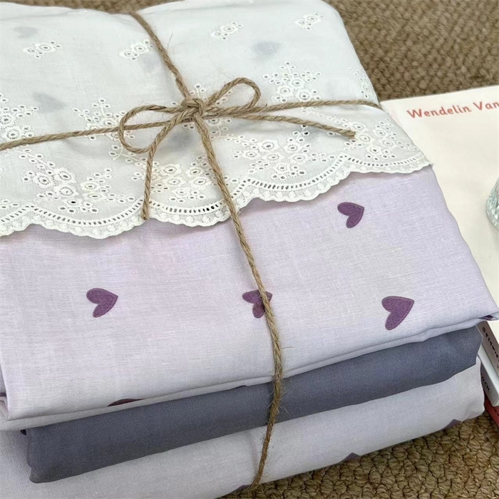 91家纺网 家纺一手货源 找家纺 2024新款全棉印花双层纱四件套--蕾丝花边款 花漾甜心