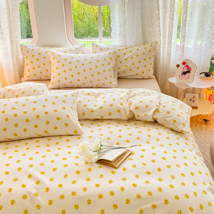 91家纺网 家纺一手货源 找家纺 千朵 2024新款全棉磨毛小清新印花四件套 笑脸