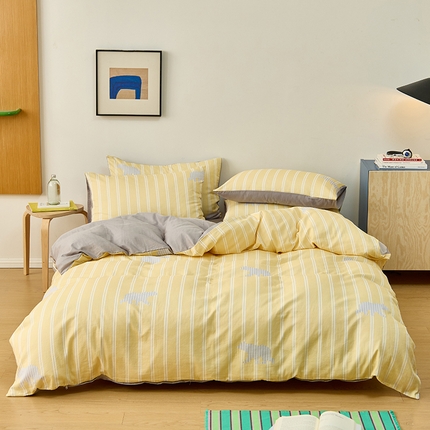 8小时家纺 2024新款40s双层纱单品四件套系列-四件套 黄白条纹熊