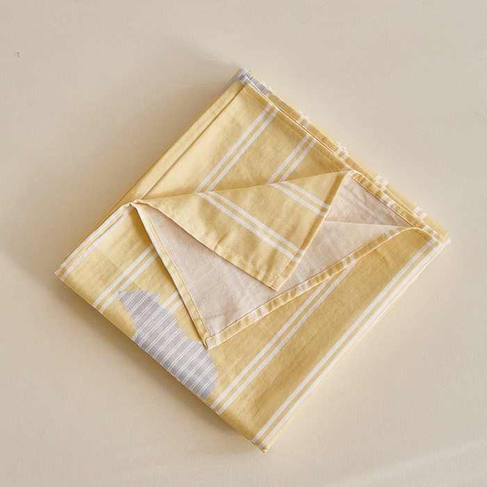 91家纺网 家纺一手货源 找家纺 8小时家纺 2024新款40s双层纱单品四件套系列-床单 黄白条纹熊