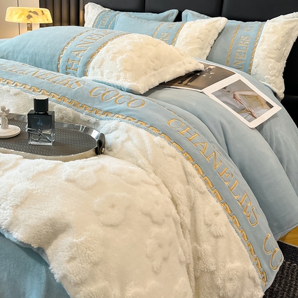 苏源家居 2024新款牛奶绒轻奢风拼接花漾系列四件套 花漾-海盐蓝