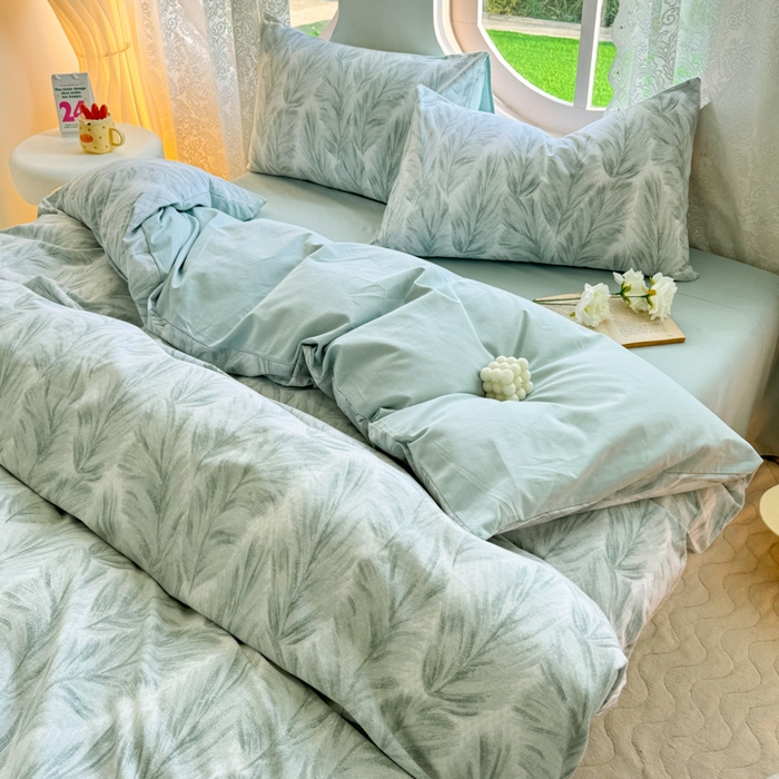 91家纺网 家纺一手货源 找家纺 千朵 2024新款全棉磨毛小清新印花四件套 羽裳绿