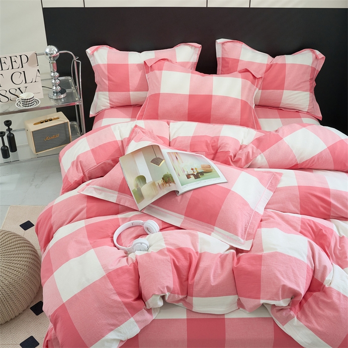 91家纺网 家纺一手货源 找家纺 三沁家居 2025新款格子色织全棉水洗棉四件套直播爆款量大价优 粉白大格