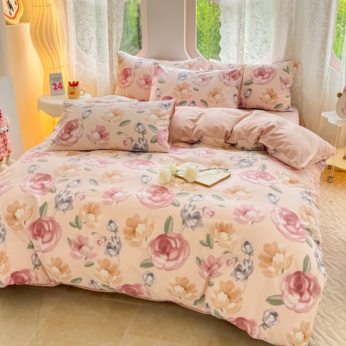 91家纺网 家纺一手货源 找家纺 千朵 2024新款全棉磨毛小清新印花四件套 玫瑰恋