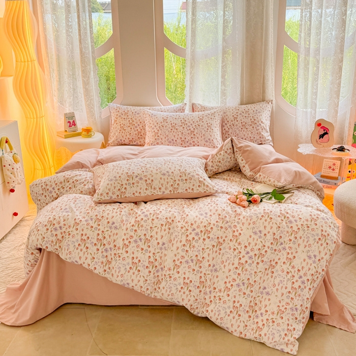 91家纺网 家纺一手货源 找家纺 千朵 2024新款全棉磨毛小清新印花四件套 桃之夭夭