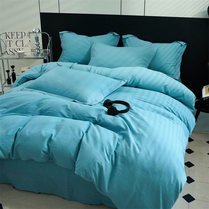 91家纺网 家纺一手货源 找家纺 三沁家居 2025新款格子色织全棉水洗棉四件套直播爆款量大价优 绿野仙踪小格