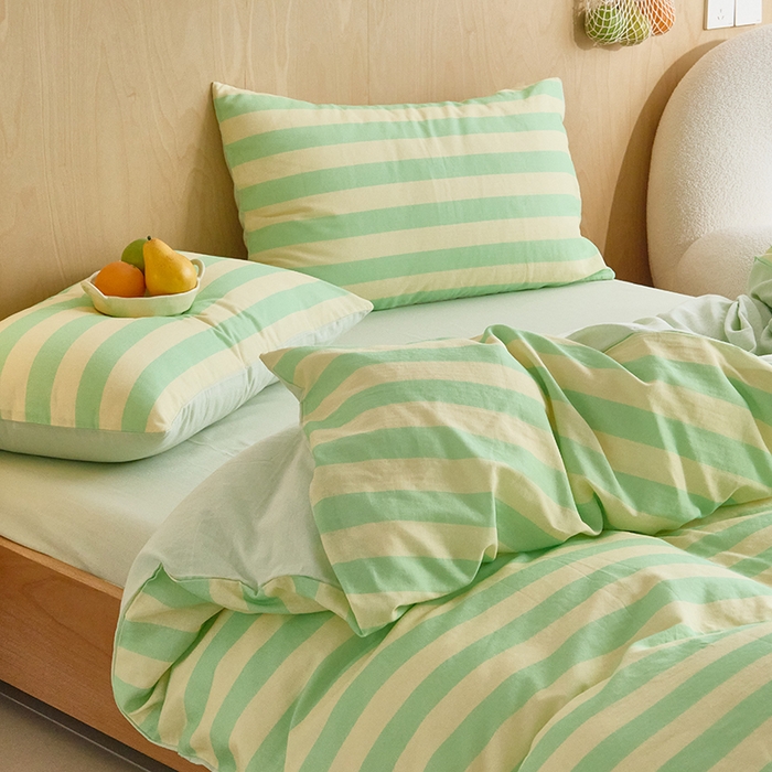 91家纺网 家纺一手货源 找家纺 8小时家纺 2024新款40s双层纱单品四件套系列-四件套 条纹青柠绿