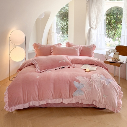 可以家居 2024新款全消光牛奶绒云绒法兰绒四件套-薇薇安 粉豆沙