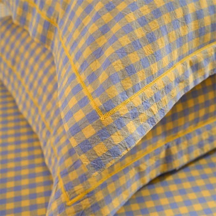 91家纺网 家纺一手货源 找家纺 三沁家居 2025新款格子色织全棉水洗棉四件套直播爆款量大价优 紫黄小格