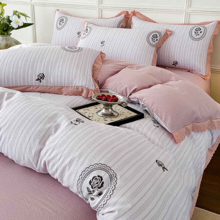 91家纺网 家纺一手货源 找家纺 可思家纺 2024新款韩版花边木棉皱皱纱四件套系列 木棉-赫本花园