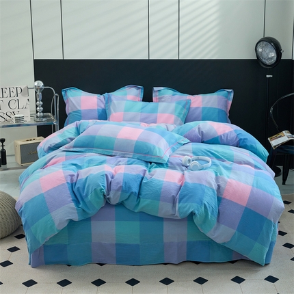 三沁家居 2025新款格子色织全棉水洗棉四件套直播爆款量大价优 彩虹大格