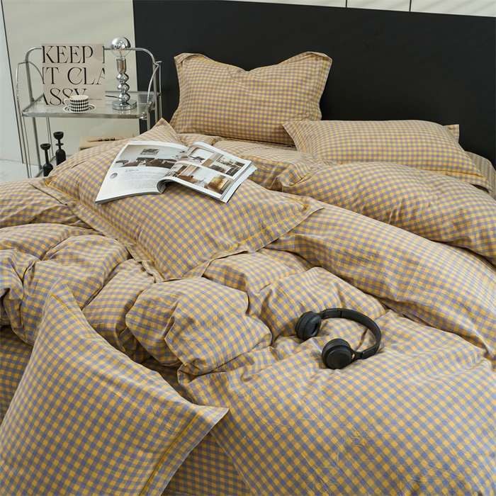 91家纺网 家纺一手货源 找家纺 三沁家居 2025新款格子色织全棉水洗棉四件套直播爆款量大价优 紫黄小格