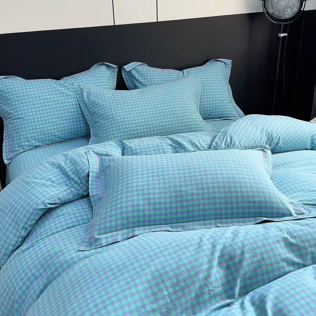 91家纺网 家纺一手货源 找家纺 三沁家居 2025新款格子色织全棉水洗棉四件套直播爆款量大价优 绿野仙踪小格