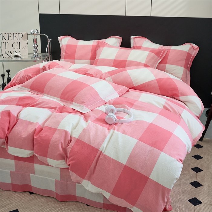 91家纺网 家纺一手货源 找家纺 三沁家居 2025新款格子色织全棉水洗棉四件套直播爆款量大价优 粉白大格