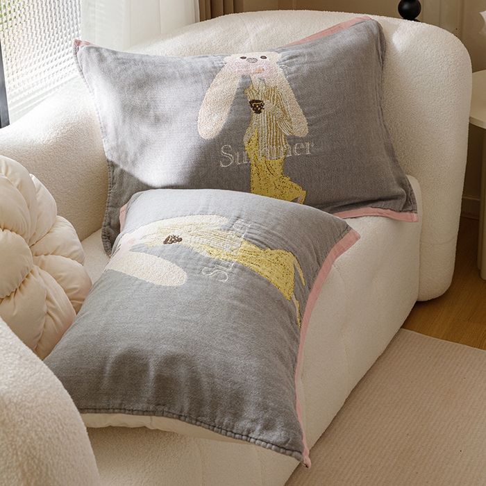 91家纺网 家纺一手货源 找家纺 麻依 2024新款纯棉纱布枕巾一对装全棉四层纱布54*78cm/对 兔儿女士