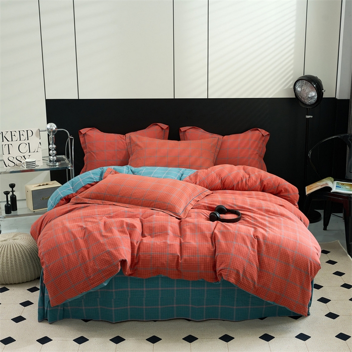 91家纺网 家纺一手货源 找家纺 三沁家居 2025新款格子色织全棉水洗棉四件套直播爆款量大价优 偶遇兰橘