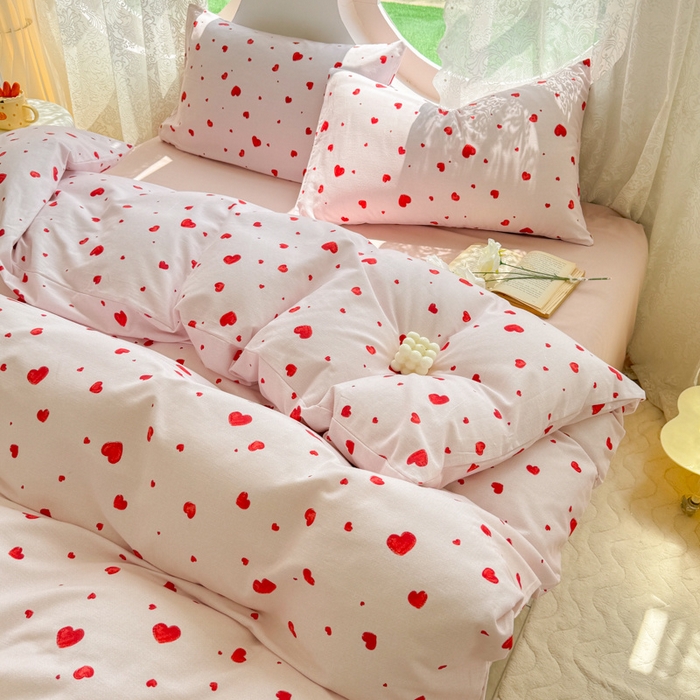 91家纺网 家纺一手货源 找家纺 千朵 2024新款全棉磨毛小清新印花四件套 心心相印