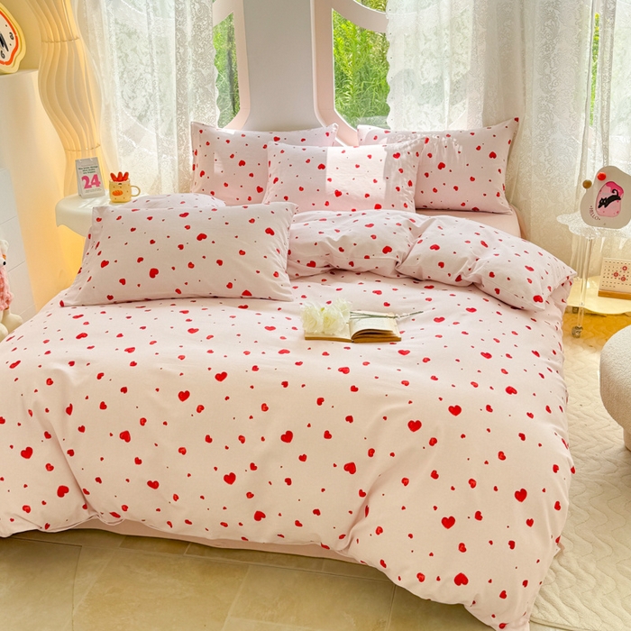 91家纺网 家纺一手货源 找家纺 千朵 2024新款全棉磨毛小清新印花四件套 心心相印