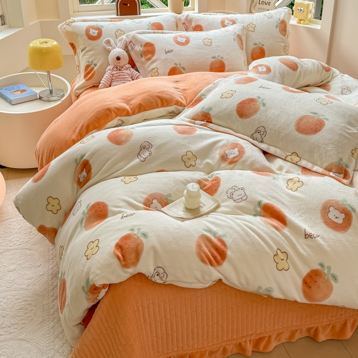 91家纺网 家纺一手货源 找家纺 尚美 2024新款高克重印花花边牛奶绒床盖四件套 甜橙