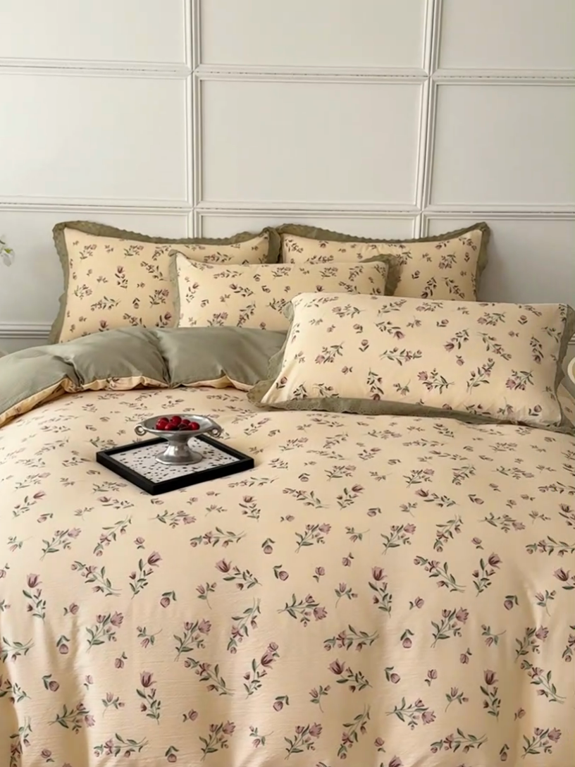 91家纺网 家纺一手货源 找家纺 可思家纺 2024新款韩版花边木棉皱皱纱四件套系列 木棉-芳华