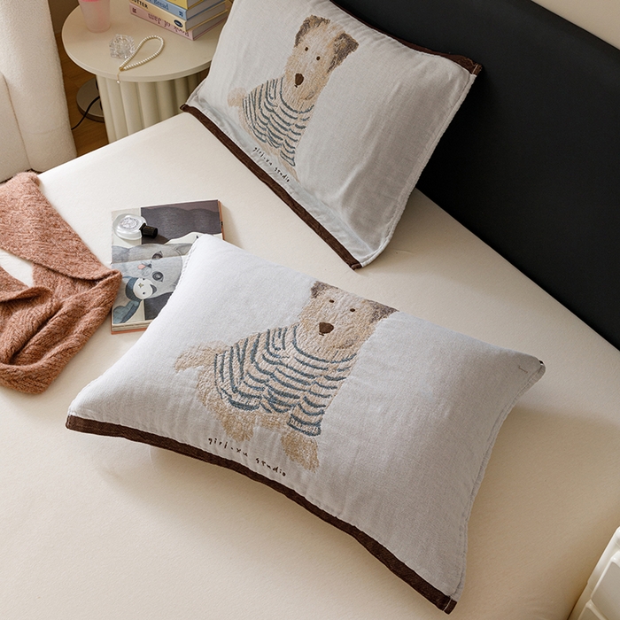 91家纺网 家纺一手货源 找家纺 麻依 2024新款纯棉纱布枕巾一对装全棉四层纱布54*78cm/对 小狗哈尼