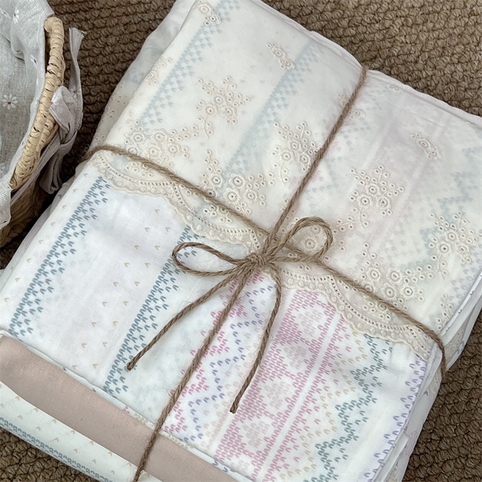 91家纺网 家纺一手货源 找家纺 2024新款全棉印花双层纱四件套--蕾丝花边款 甜心小姐