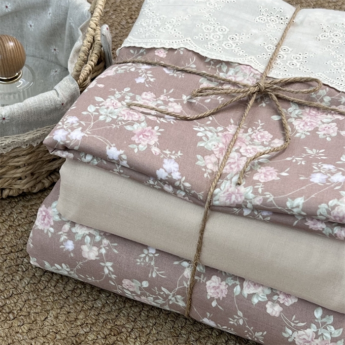 91家纺网 家纺一手货源 找家纺 2024新款全棉印花双层纱四件套--蕾丝花边款 微醺玫瑰