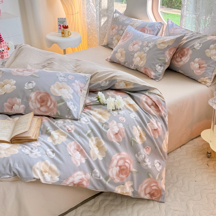 91家纺网 家纺一手货源 找家纺 千朵 2024新款全棉磨毛小清新印花四件套 恋爱旋律灰