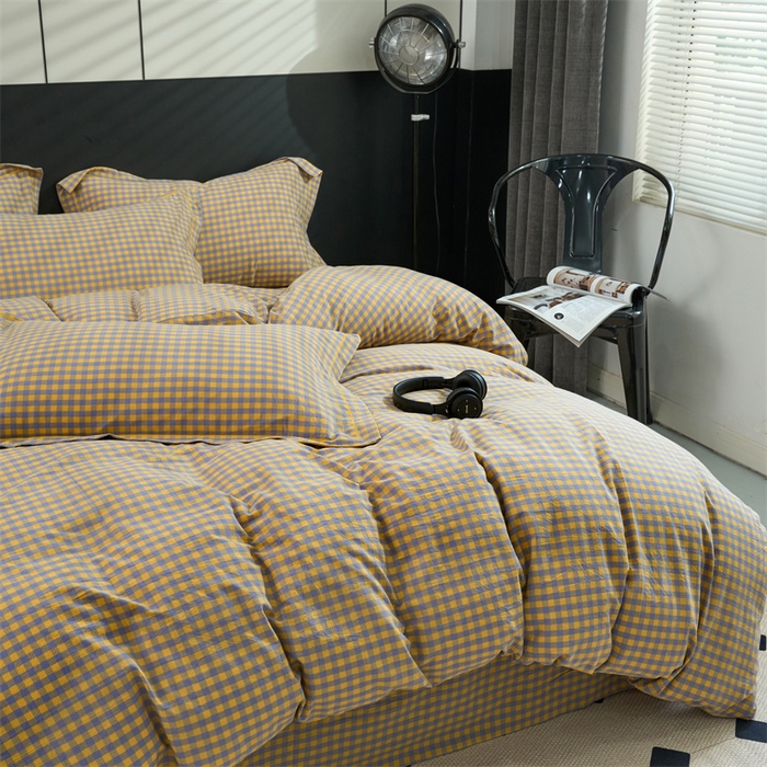 91家纺网 家纺一手货源 找家纺 三沁家居 2025新款格子色织全棉水洗棉四件套直播爆款量大价优 紫黄小格