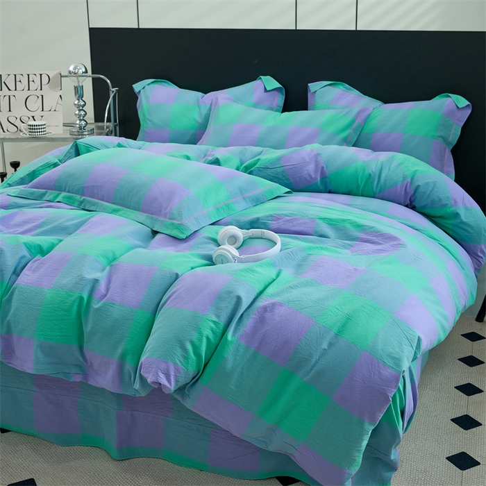 91家纺网 家纺一手货源 找家纺 三沁家居 2025新款格子色织全棉水洗棉四件套直播爆款量大价优 绿野仙踪大格