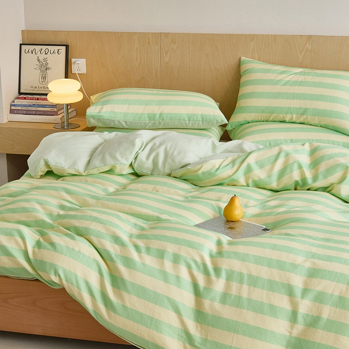 91家纺网 家纺一手货源 找家纺 8小时家纺 2024新款40s双层纱单品四件套系列-四件套 条纹青柠绿