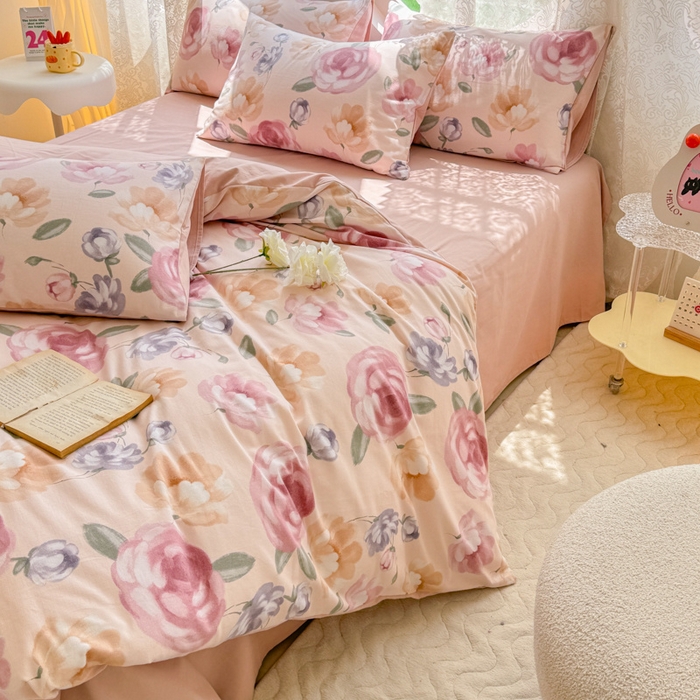 91家纺网 家纺一手货源 找家纺 千朵 2024新款全棉磨毛小清新印花四件套 玫瑰恋