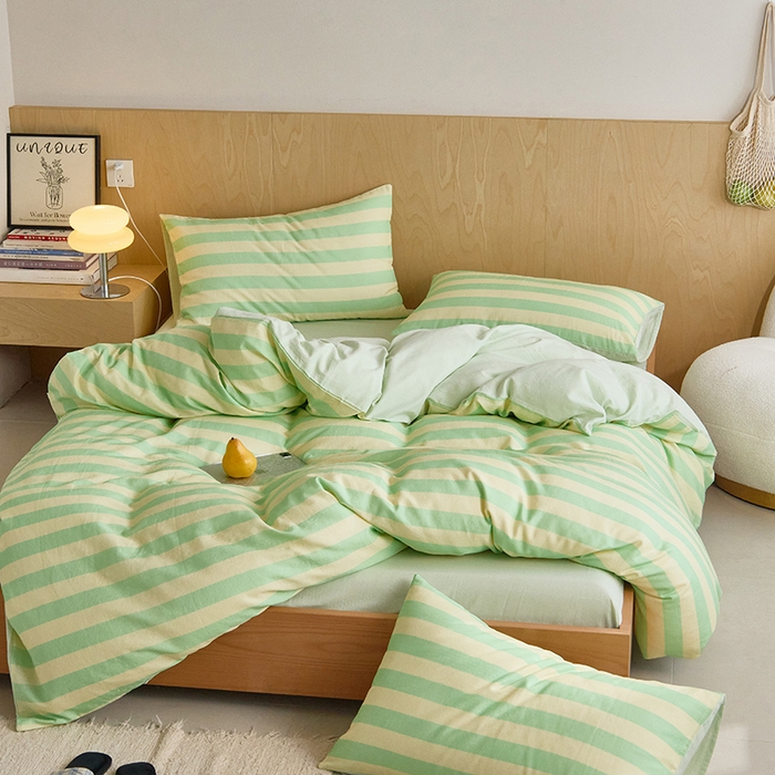 91家纺网 家纺一手货源 找家纺 8小时家纺 2024新款40s双层纱单品四件套系列-四件套 条纹青柠绿