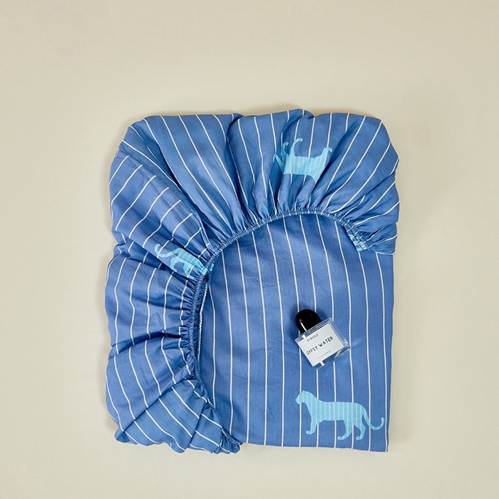 91家纺网 家纺一手货源 找家纺 8小时家纺 2024新款40s双层纱单品四件套系列-床笠 蓝色条纹豹子