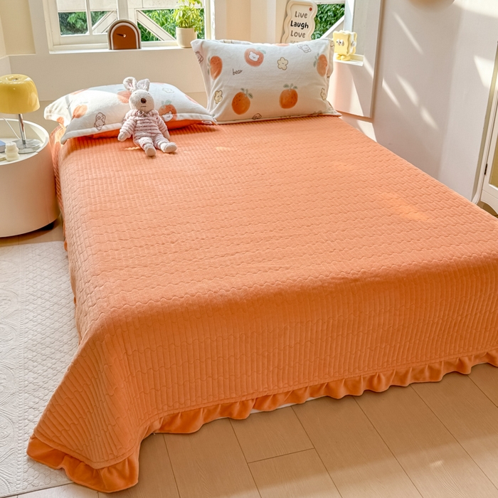 91家纺网 家纺一手货源 找家纺 尚美 2024新款高克重印花花边牛奶绒床盖四件套 甜橙