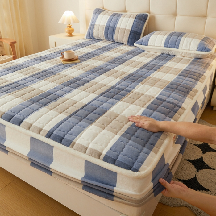 91家纺网 家纺一手货源 找家纺 鑫钰 2024新款A类无印风牛奶绒大豆夹棉床笠-暖格 暖格-蓝大格