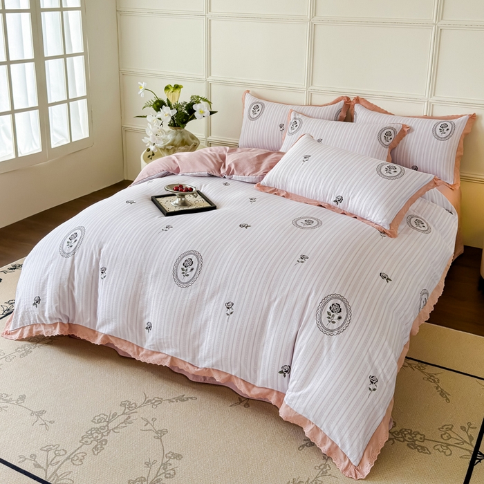 91家纺网 家纺一手货源 找家纺 可思家纺 2024新款韩版花边木棉皱皱纱四件套系列 木棉-赫本花园