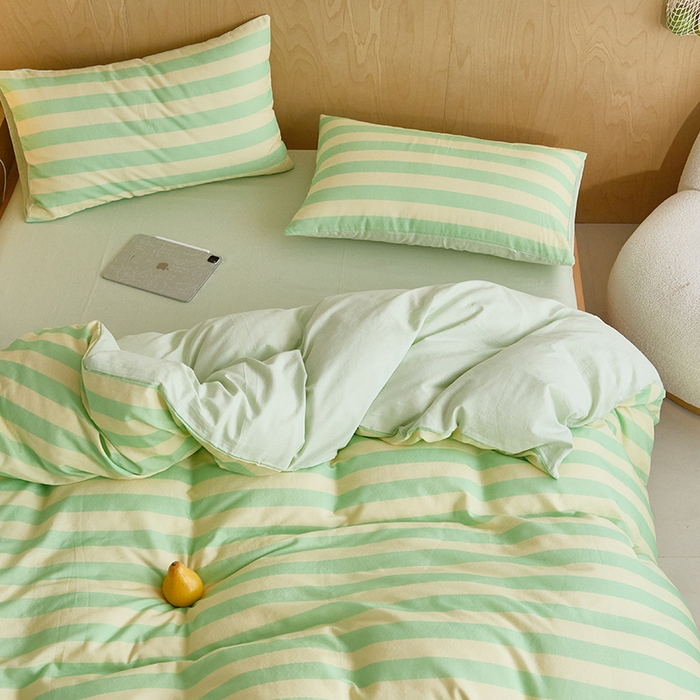 91家纺网 家纺一手货源 找家纺 8小时家纺 2024新款40s双层纱单品四件套系列-四件套 条纹青柠绿