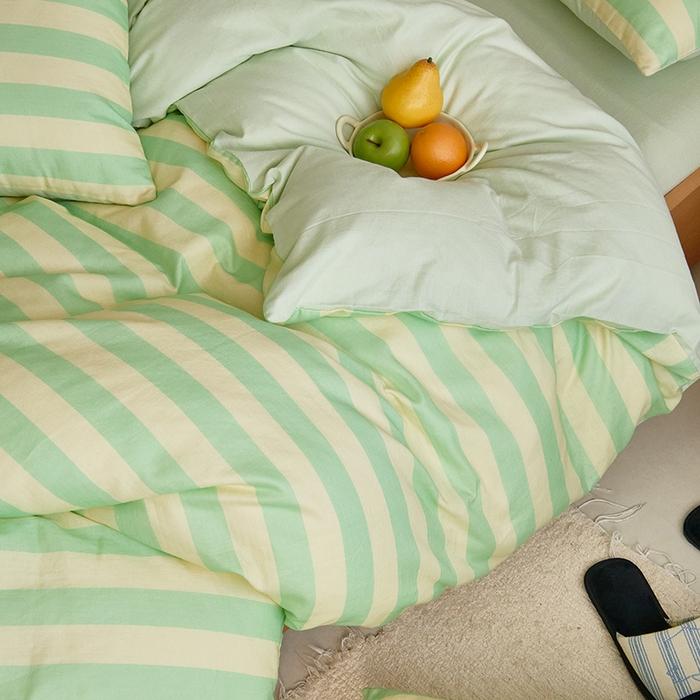 91家纺网 家纺一手货源 找家纺 8小时家纺 2024新款40s双层纱单品四件套系列-四件套 条纹青柠绿