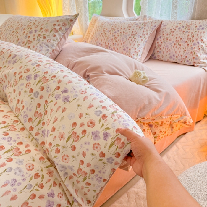 91家纺网 家纺一手货源 找家纺 千朵 2024新款全棉磨毛小清新印花四件套 桃之夭夭