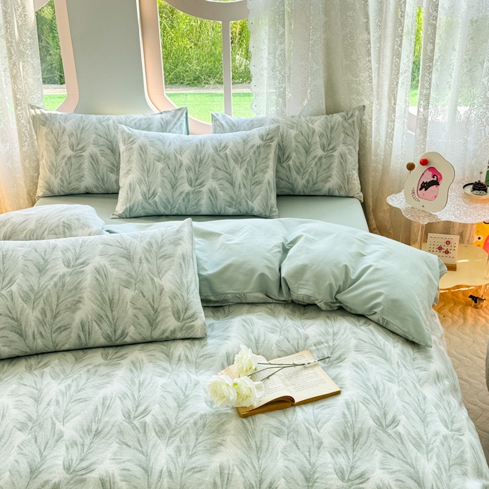 91家纺网 家纺一手货源 找家纺 千朵 2024新款全棉磨毛小清新印花四件套 羽裳绿