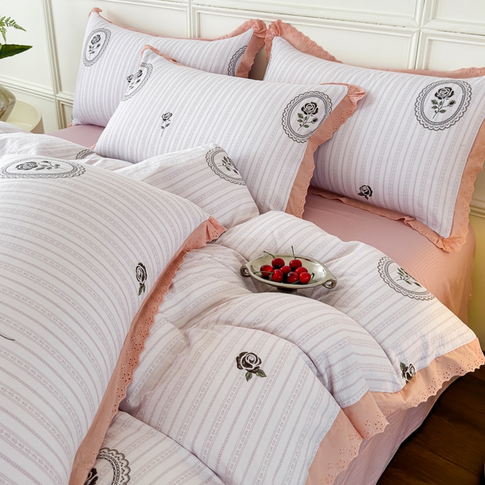 91家纺网 家纺一手货源 找家纺 可思家纺 2024新款韩版花边木棉皱皱纱四件套系列 木棉-赫本花园