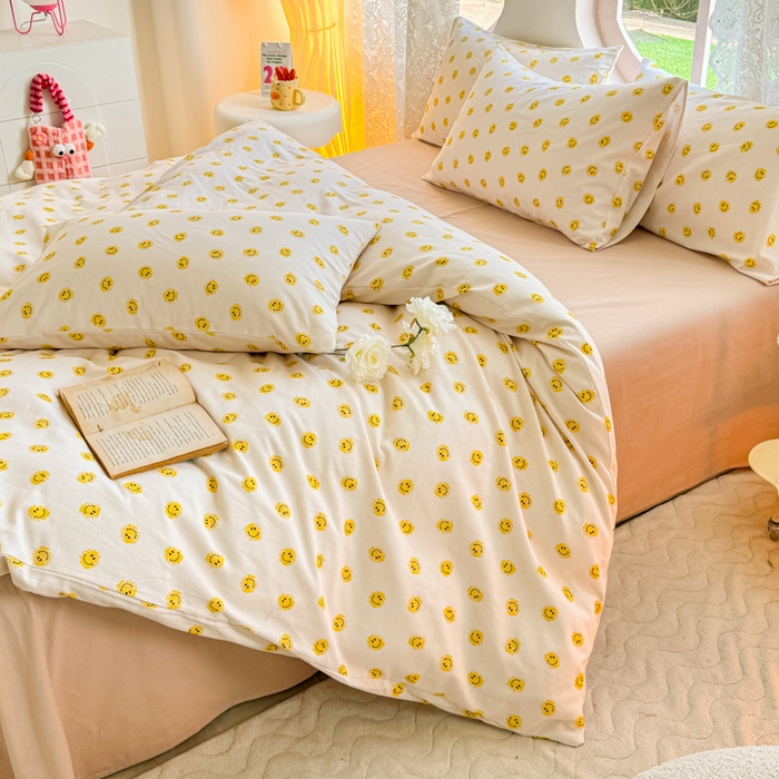 91家纺网 家纺一手货源 找家纺 千朵 2024新款全棉磨毛小清新印花四件套 笑脸