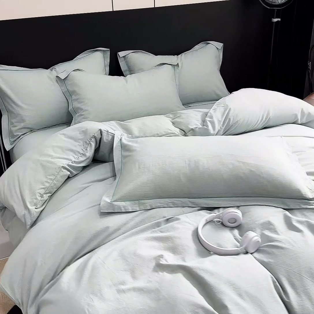 91家纺网 家纺一手货源 找家纺 三沁家居 2025新款格子色织全棉水洗棉四件套直播爆款量大价优 千鸟格绿