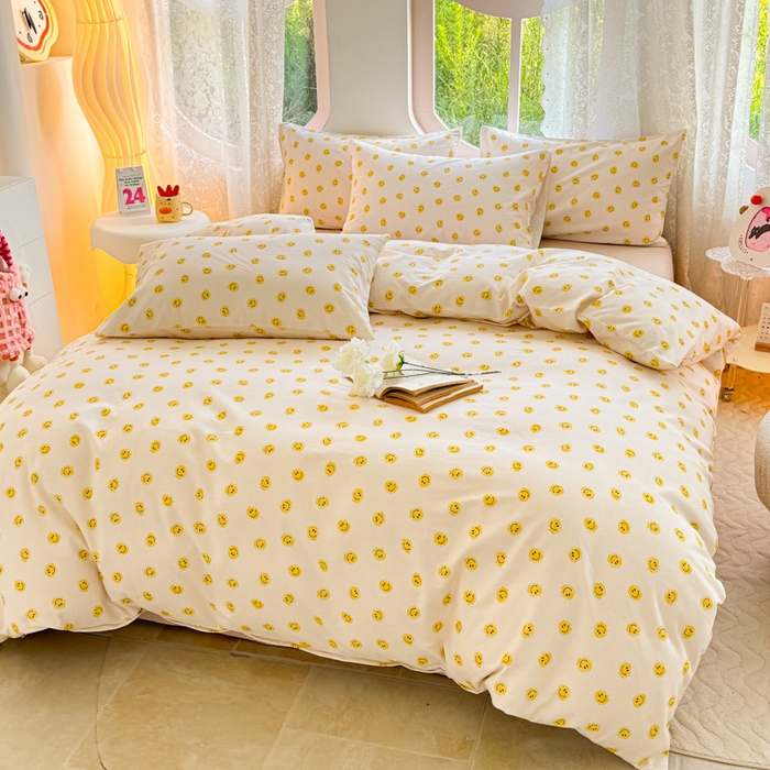 91家纺网 家纺一手货源 找家纺 千朵 2024新款全棉磨毛小清新印花四件套 笑脸