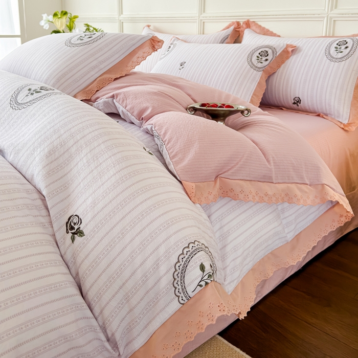 91家纺网 家纺一手货源 找家纺 可思家纺 2024新款韩版花边木棉皱皱纱四件套系列 木棉-赫本花园