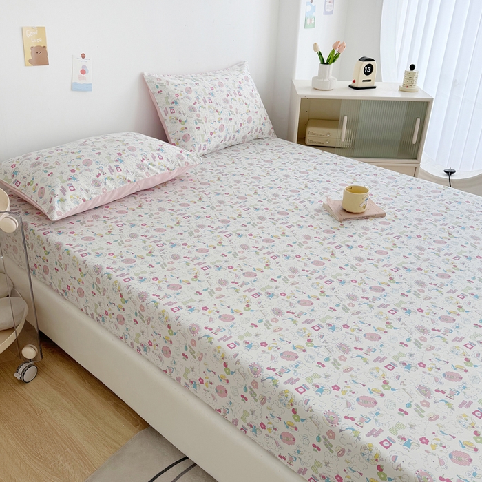 91家纺网 家纺一手货源 找家纺 柠馨 2024新款简约全棉时尚印花床笠 枝枝桃桃